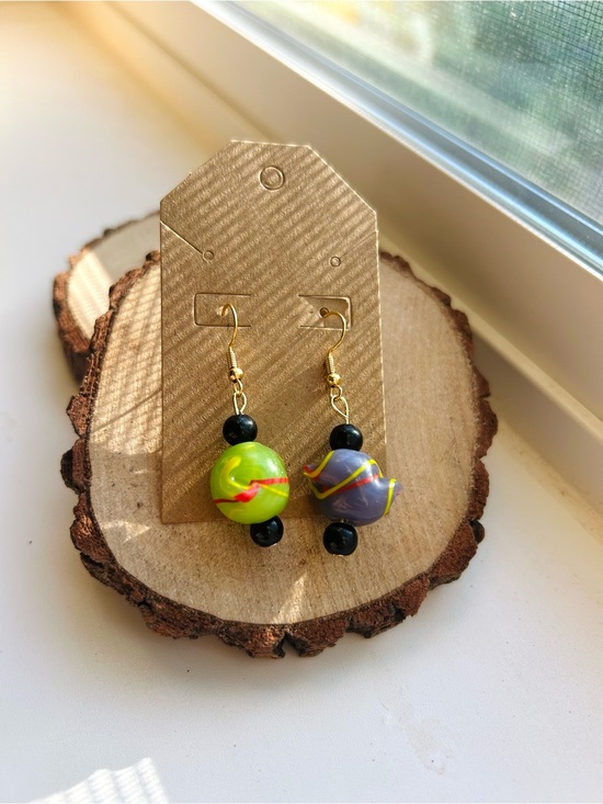 Handmade Jewelry - Colorful Swirl Beaded Earrings Handmade Mismatched Jewelry Neon Green Purple